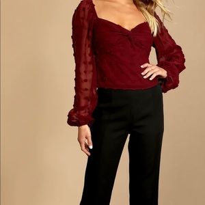Lulus Flawless Style Burgundy Swiss Dot Long Sleeve Top